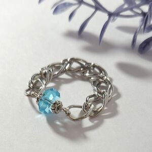Handmade Blue Topaz Crystal Silver Tone Chain Ring Size 10 Made to Fit